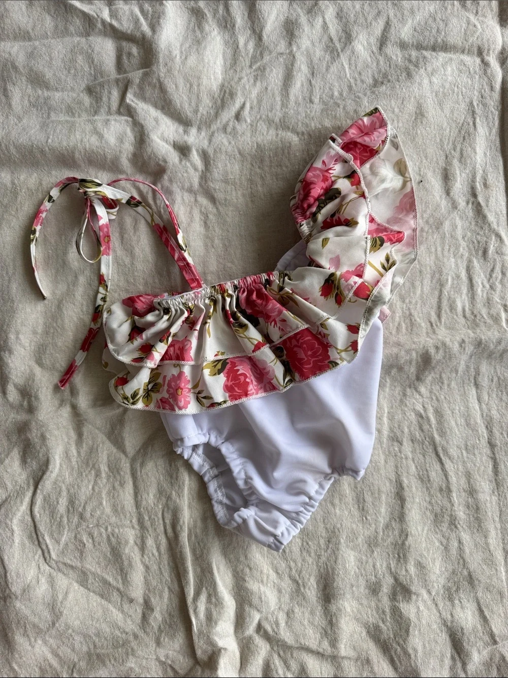 Girls' White Swim Bottoms with Pink Floral Ruffle